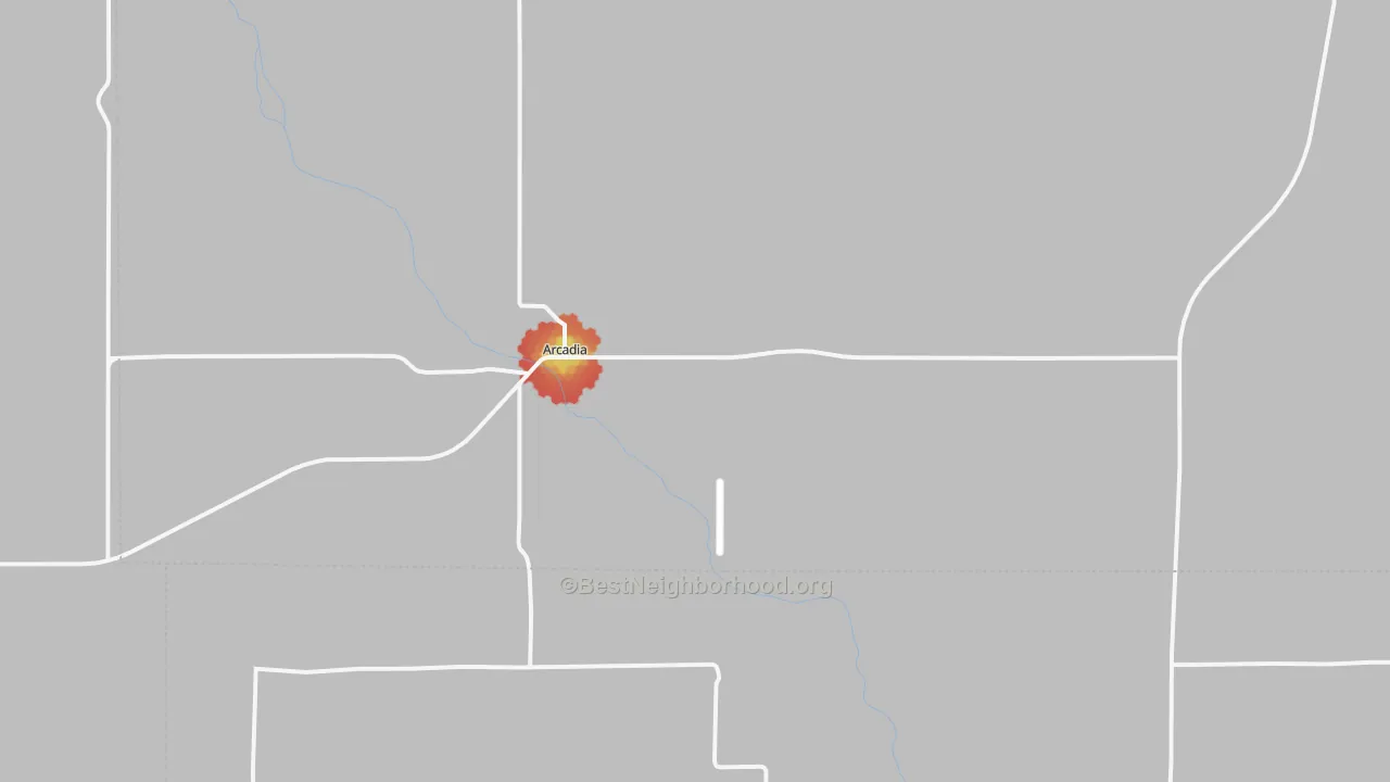 Walk Grade map of Arcadia, NE, walkable areas in green and car-dependent areas in red