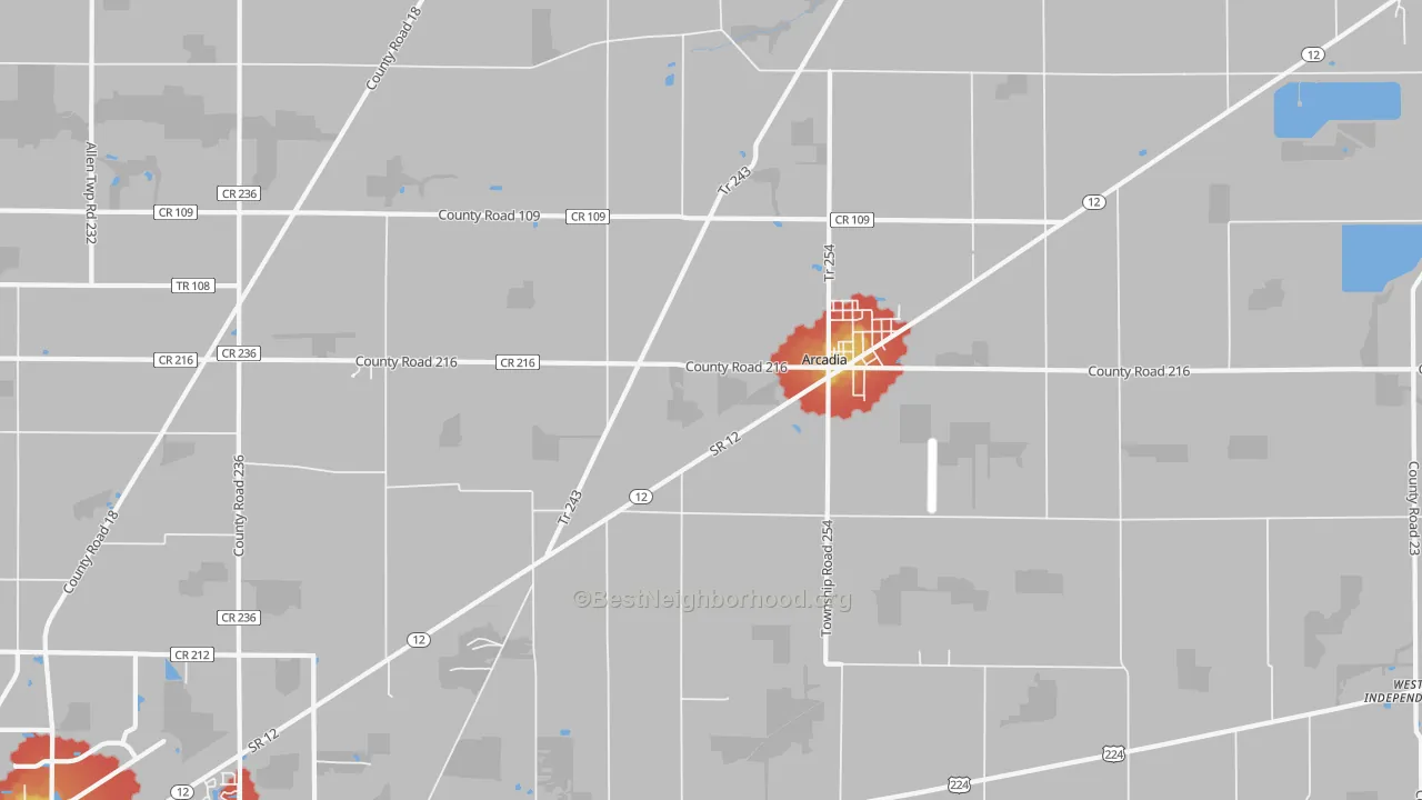 Walk Grade map of Arcadia, OH, walkable areas in green and car-dependent areas in red