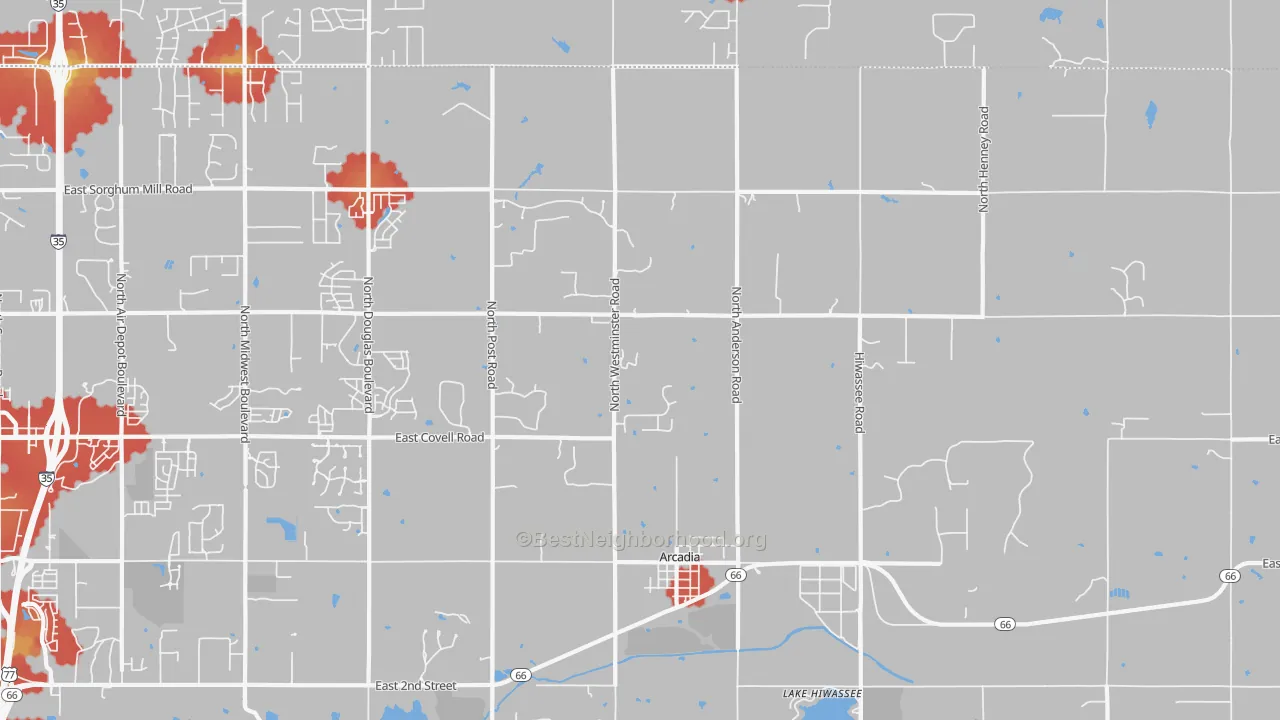 Walk Grade map of Arcadia, OK, walkable areas in green and car-dependent areas in red