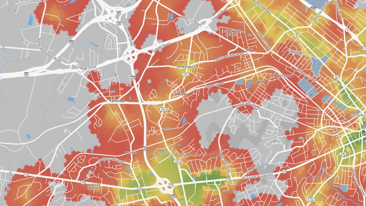 Walk Grade map of Arcadia, SC, walkable areas in green and car-dependent areas in red
