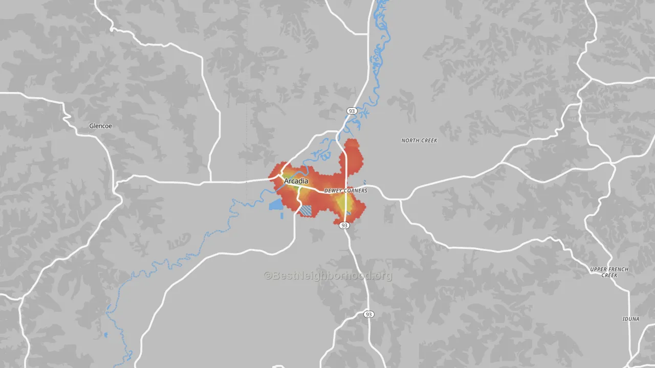 Walk Grade map of Arcadia, WI, walkable areas in green and car-dependent areas in red