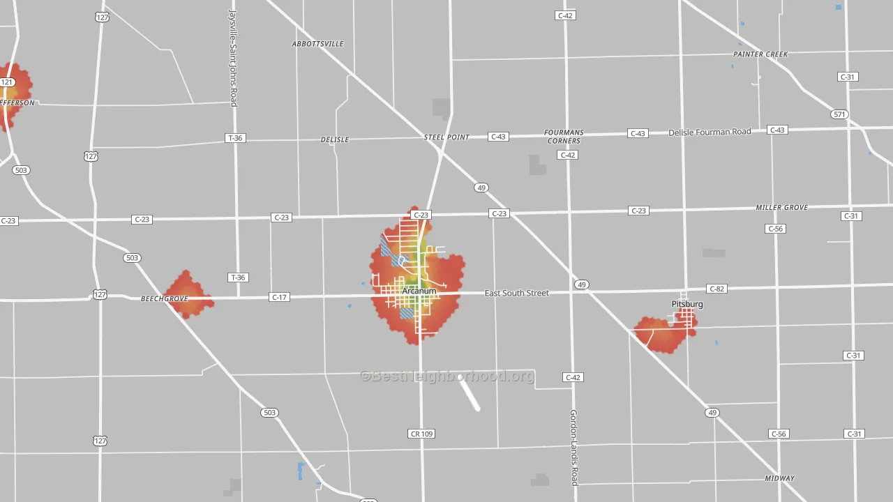 Walk Grade map of Arcanum, OH, walkable areas in green and car-dependent areas in red