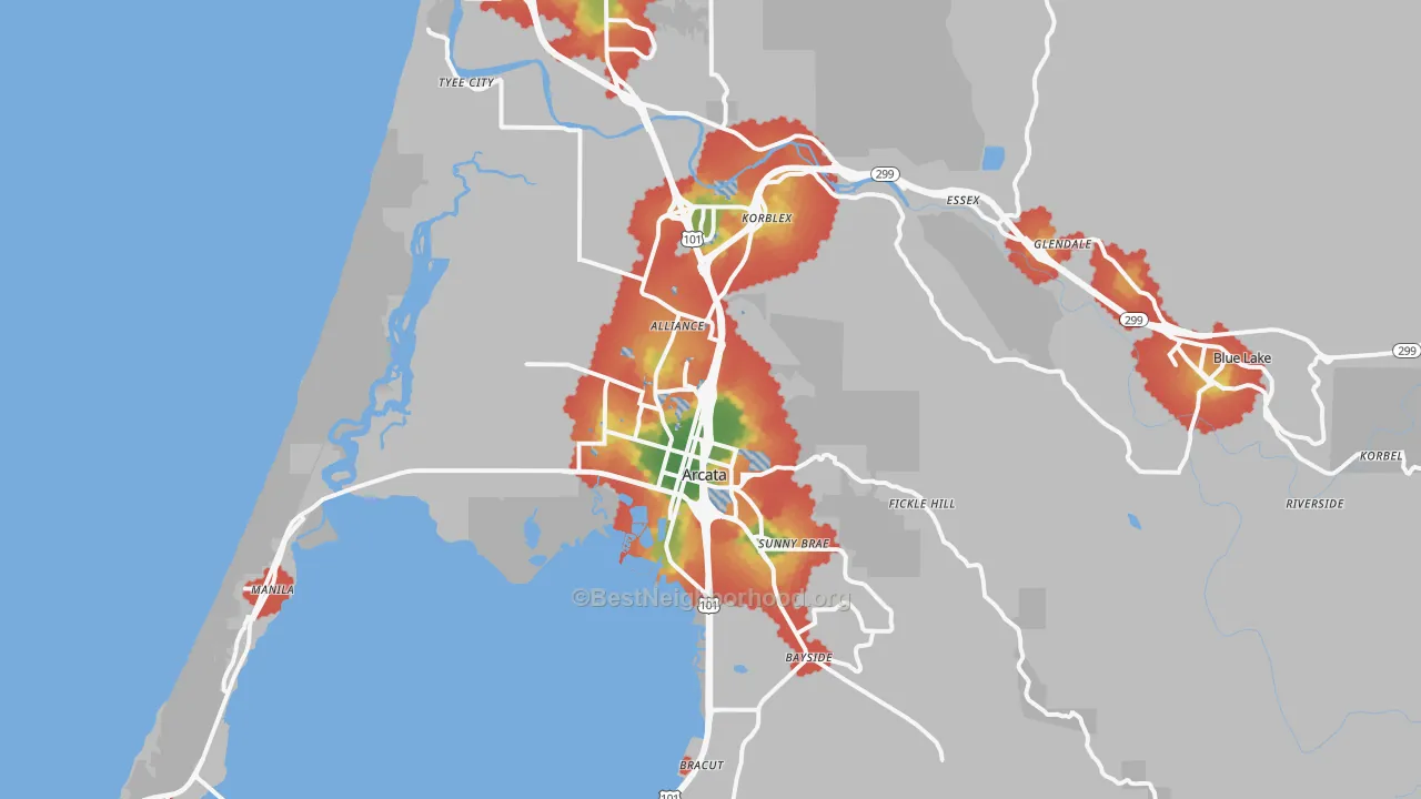 Walk Grade map of Arcata, CA, walkable areas in green and car-dependent areas in red