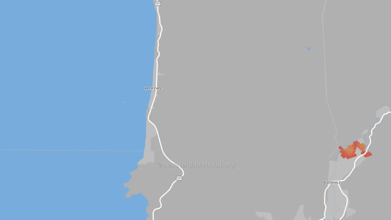 Walk Grade map of Arch Cape, OR, walkable areas in green and car-dependent areas in red