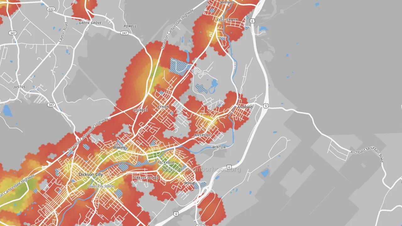 Walk Grade map of Archbald, PA, walkable areas in green and car-dependent areas in red
