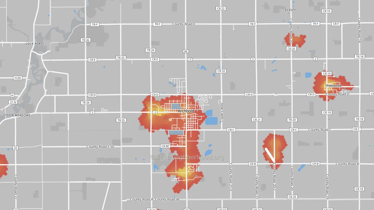 Walk Grade map of Archbold, OH, walkable areas in green and car-dependent areas in red