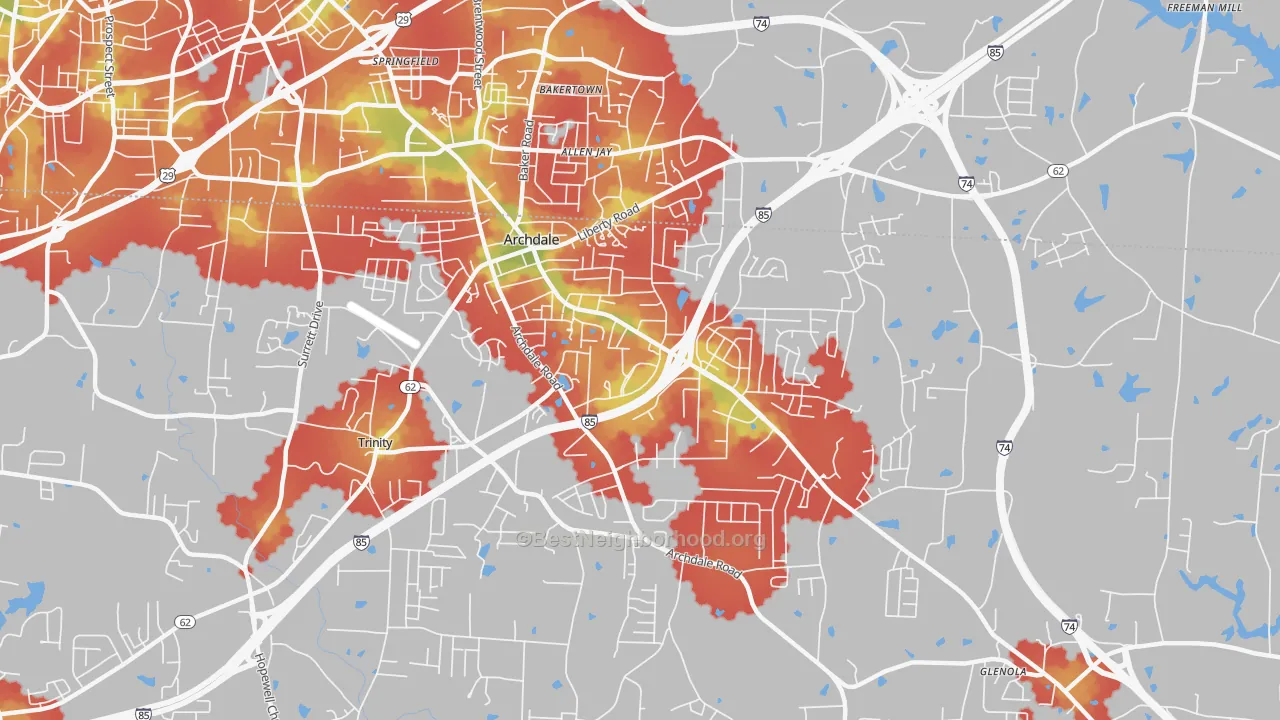 Walk Grade map of Archdale, NC, walkable areas in green and car-dependent areas in red