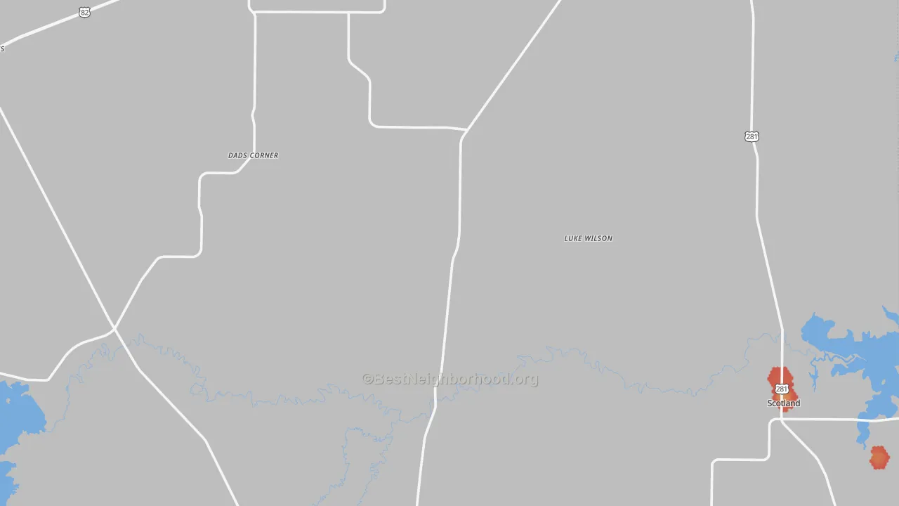 Walk Grade map of Archer County, TX, walkable areas in green and car-dependent areas in red