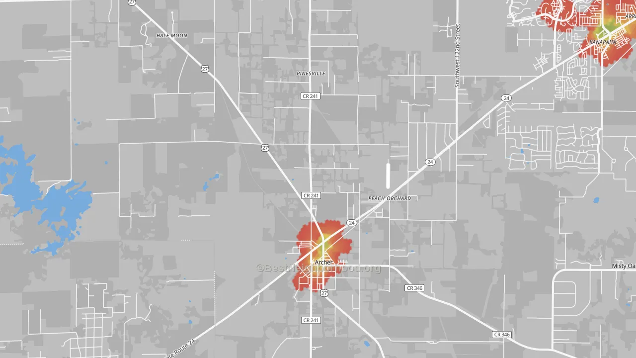 Walk Grade map of Archer, FL, walkable areas in green and car-dependent areas in red