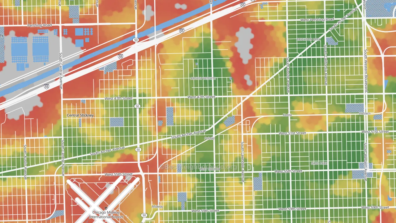 Walk Grade map of Archer Heights, Chicago, IL, walkable areas in green and car-dependent areas in red