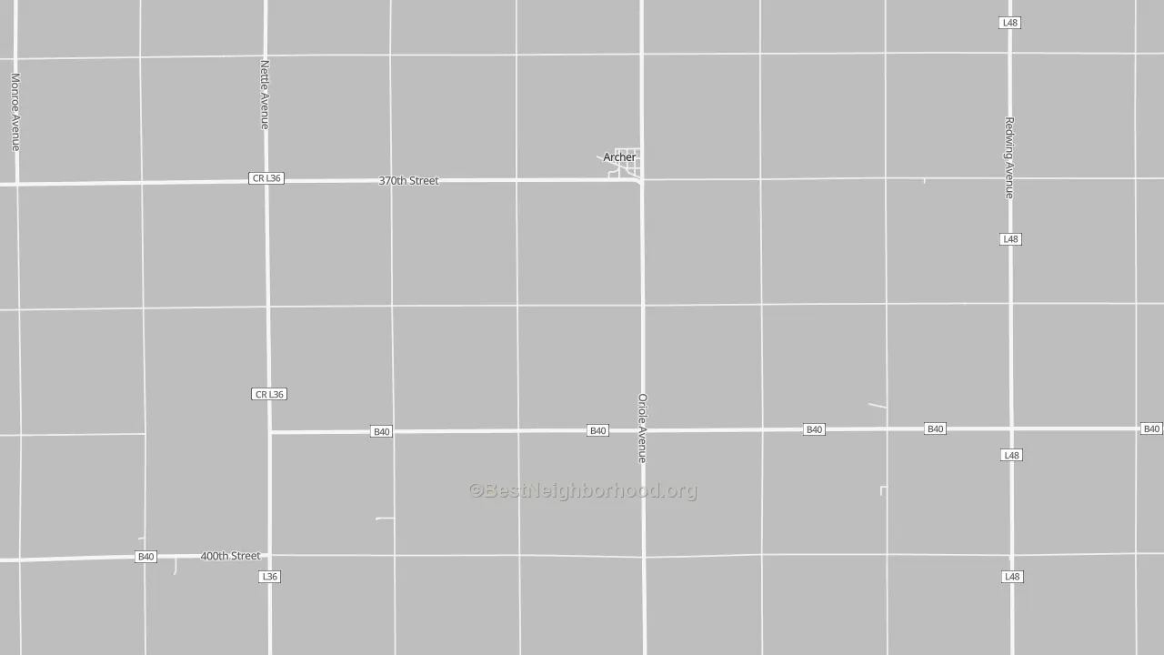 Walk Grade map of Archer, IA, walkable areas in green and car-dependent areas in red