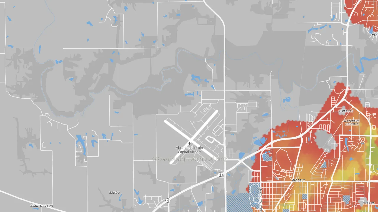 Walk Grade map of Archer, IL, walkable areas in green and car-dependent areas in red