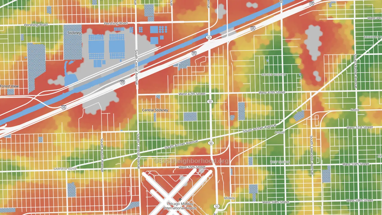 Walk Grade map of Archer Limits, Chicago, IL, walkable areas in green and car-dependent areas in red