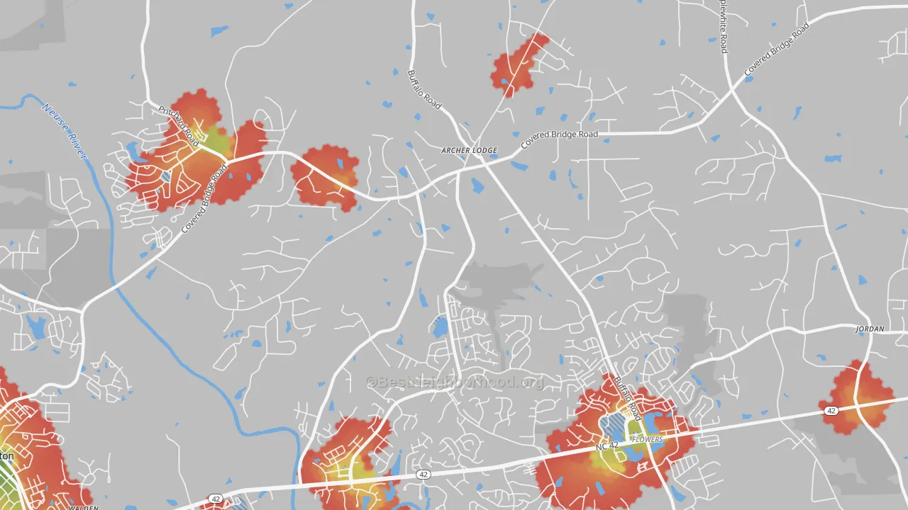 Walk Grade map of Archer Lodge, NC, walkable areas in green and car-dependent areas in red