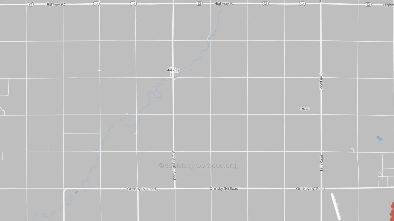 Walk Grade map of Archer, NE, walkable areas in green and car-dependent areas in red
