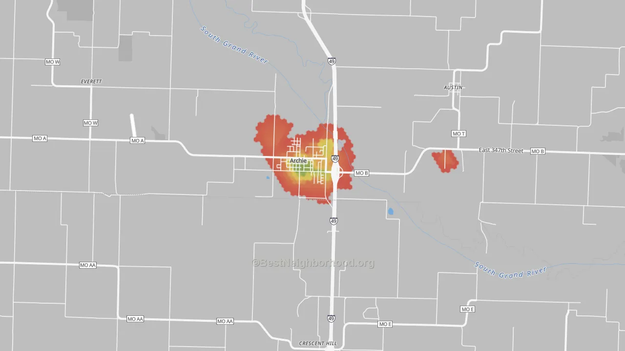 Walk Grade map of Archie, MO, walkable areas in green and car-dependent areas in red