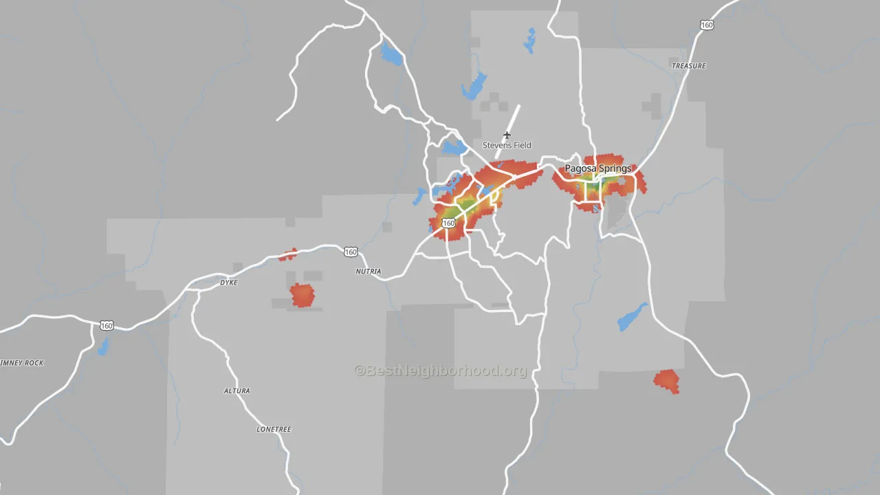 Walk Grade map of Archuleta County, CO, walkable areas in green and car-dependent areas in red