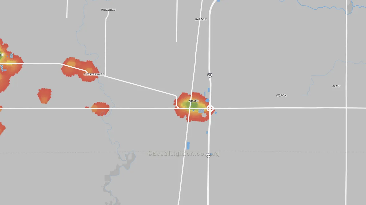 Walk Grade map of Arcola, IL, walkable areas in green and car-dependent areas in red