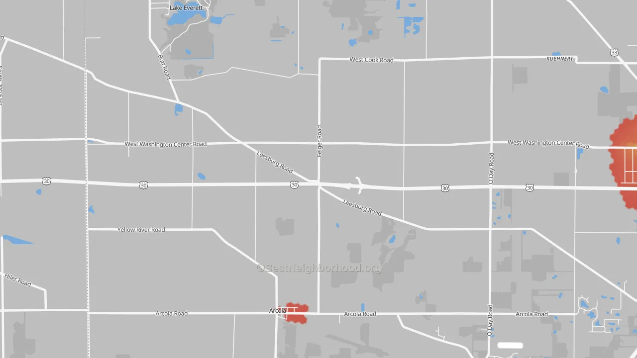 Walk Grade map of Arcola, IN, walkable areas in green and car-dependent areas in red
