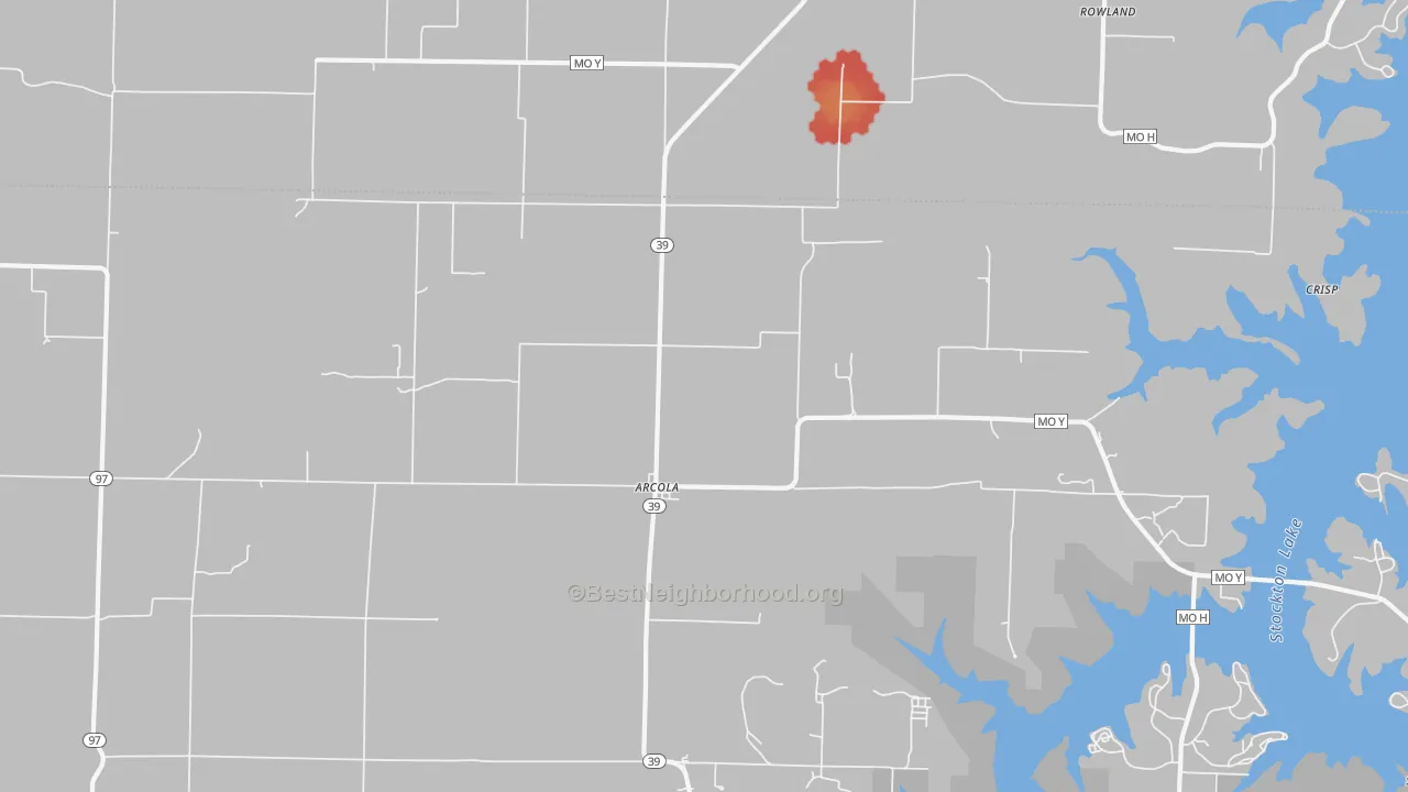 Walk Grade map of Arcola, MO, walkable areas in green and car-dependent areas in red