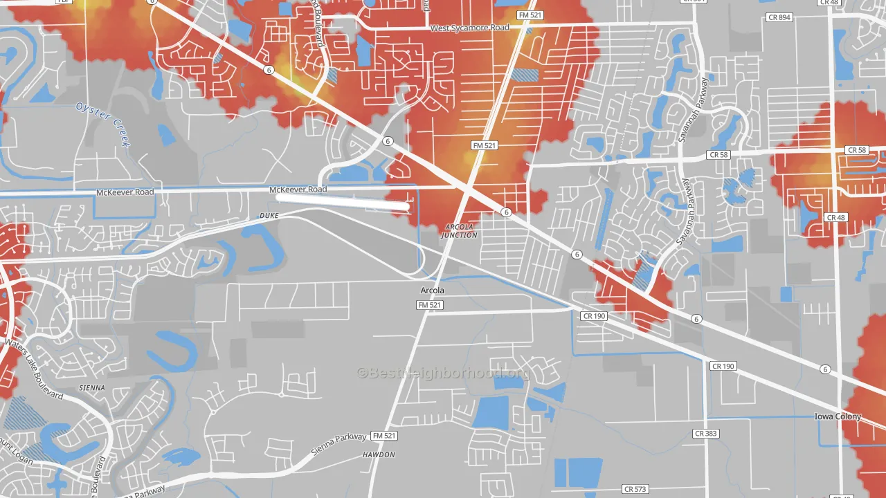Walk Grade map of Arcola, TX, walkable areas in green and car-dependent areas in red