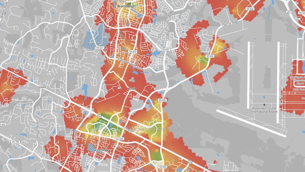 Walk Grade map of Arcola, VA, walkable areas in green and car-dependent areas in red