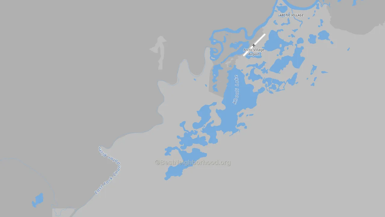 Walk Grade map of Arctic Village, AK, walkable areas in green and car-dependent areas in red