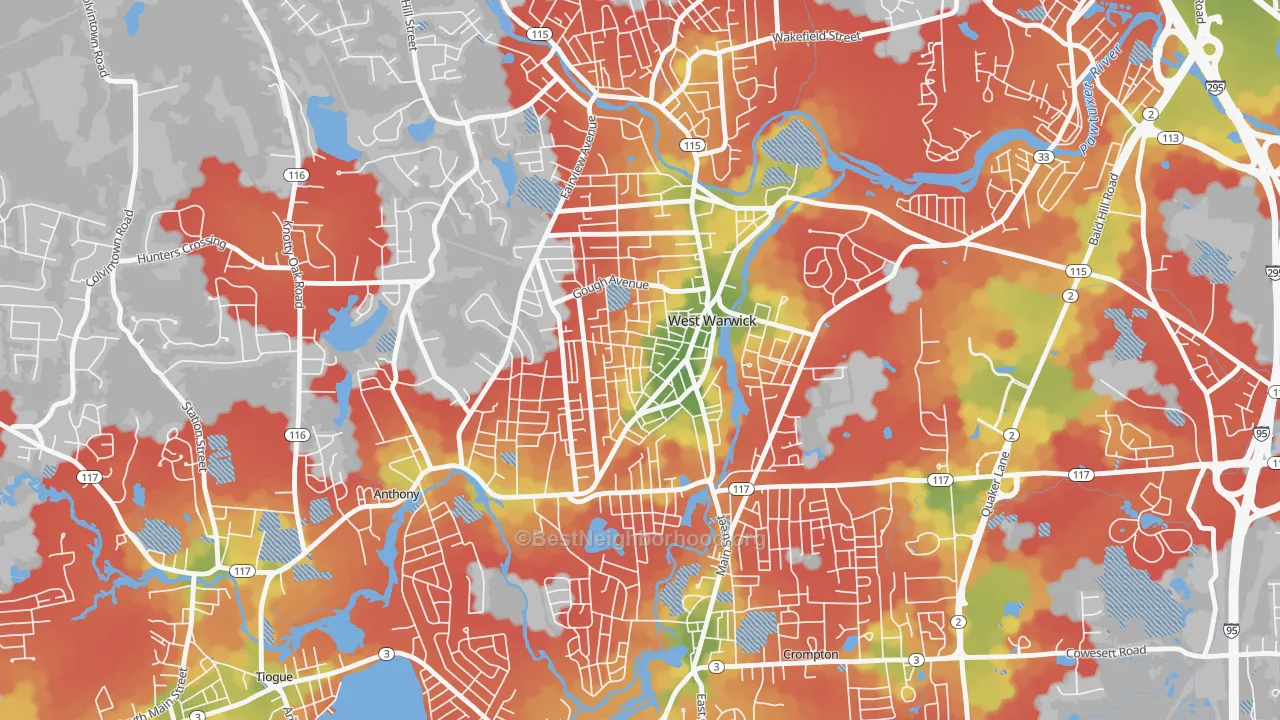Walk Grade map of Arctic, West Warwick, RI, walkable areas in green and car-dependent areas in red