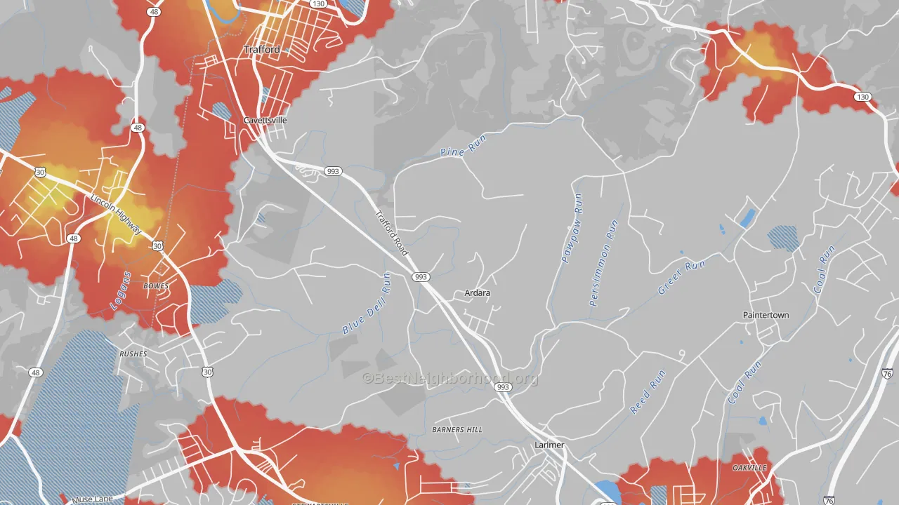 Walk Grade map of Ardara, PA, walkable areas in green and car-dependent areas in red