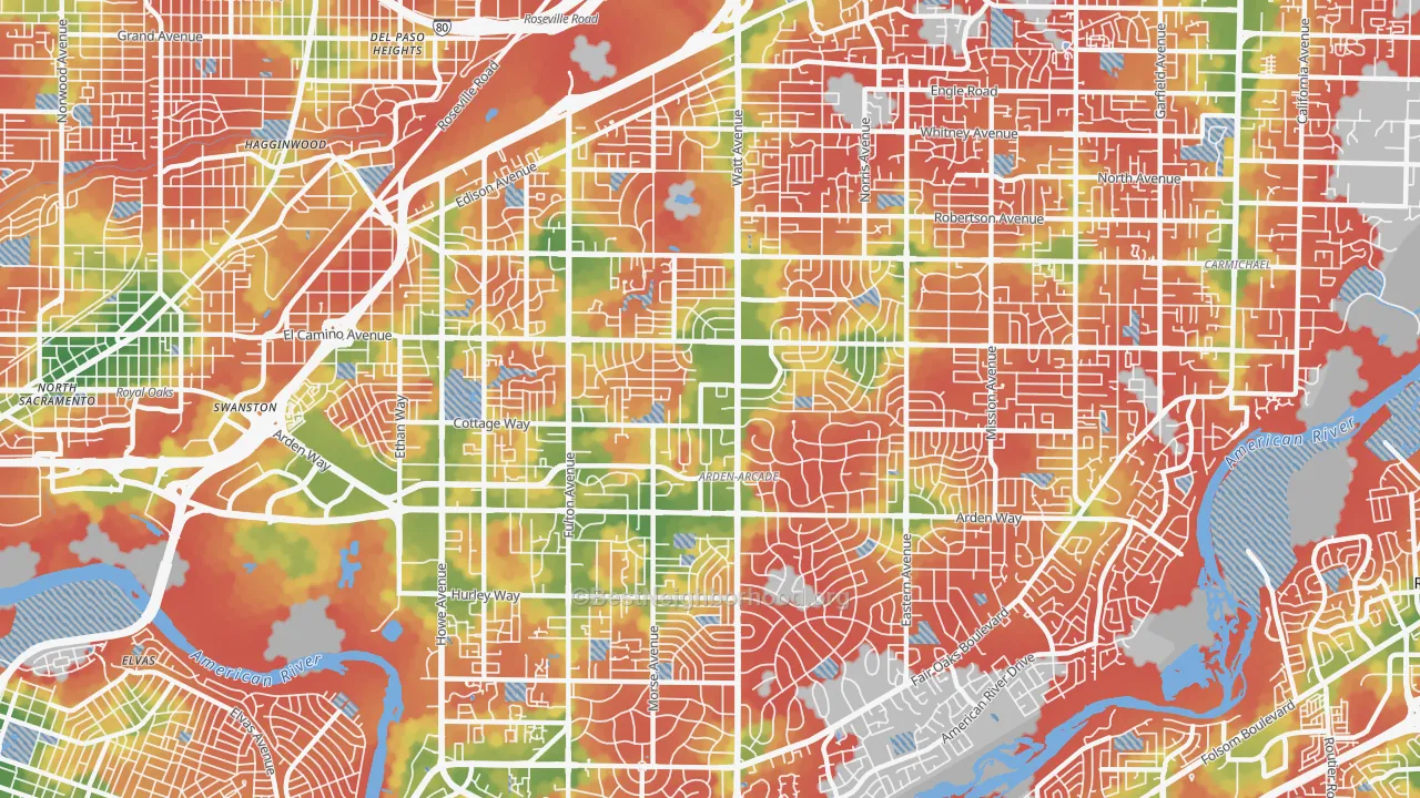 Walk Grade map of Arden-Arcade, CA, walkable areas in green and car-dependent areas in red
