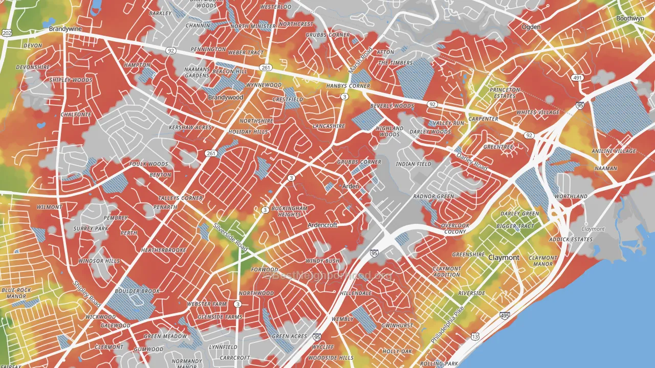 Walk Grade map of Arden, DE, walkable areas in green and car-dependent areas in red