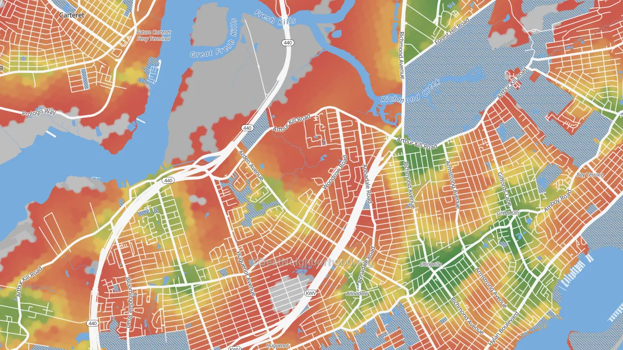 Walk Grade map of Arden Heights, Staten Island, NY, walkable areas in green and car-dependent areas in red