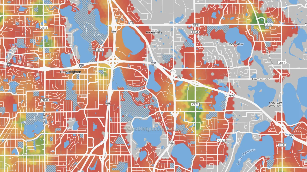Walk Grade map of Arden Hills, MN, walkable areas in green and car-dependent areas in red