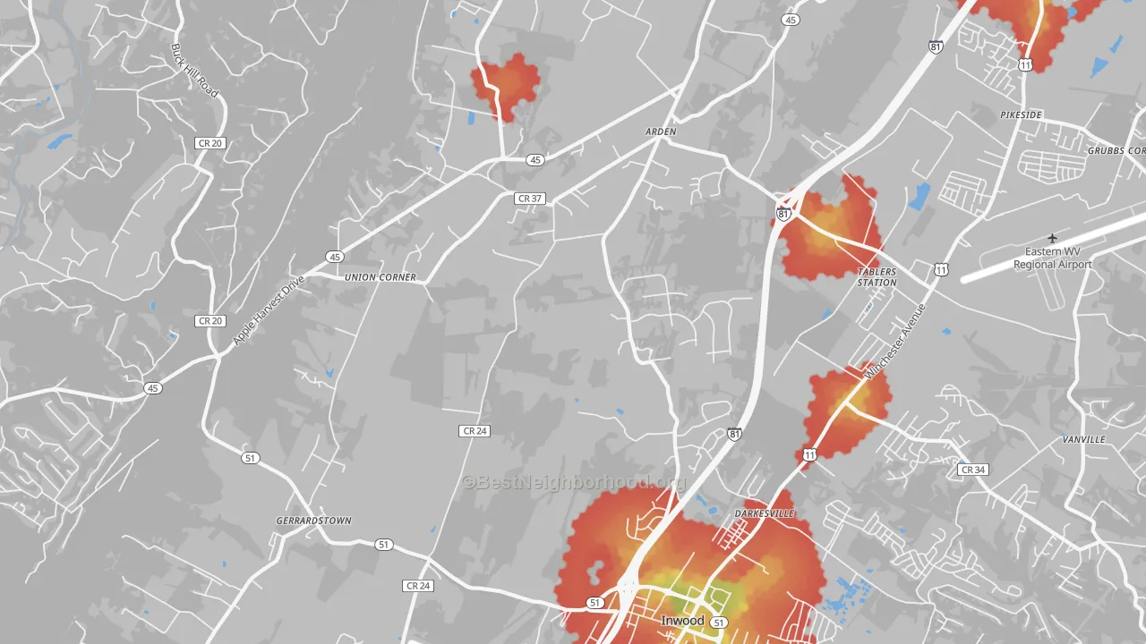 Walk Grade map of Arden, Martinsburg, WV, walkable areas in green and car-dependent areas in red