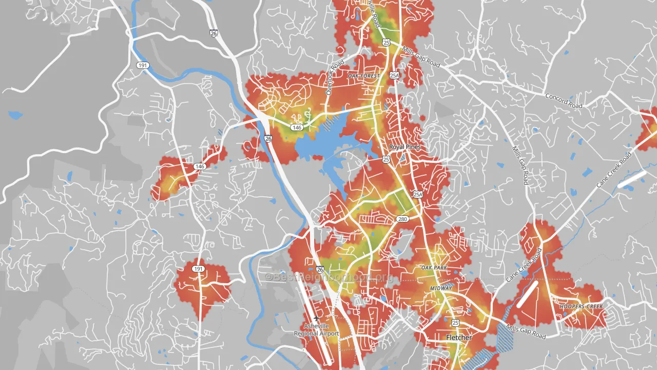 Walk Grade map of Arden, NC, walkable areas in green and car-dependent areas in red