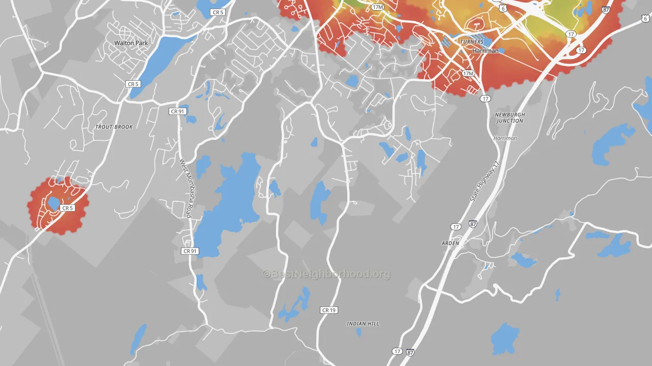 Walk Grade map of Arden, NY, walkable areas in green and car-dependent areas in red