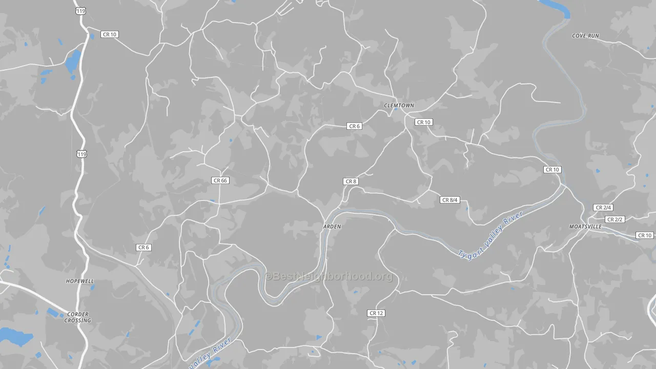Walk Grade map of Arden, WV, walkable areas in green and car-dependent areas in red