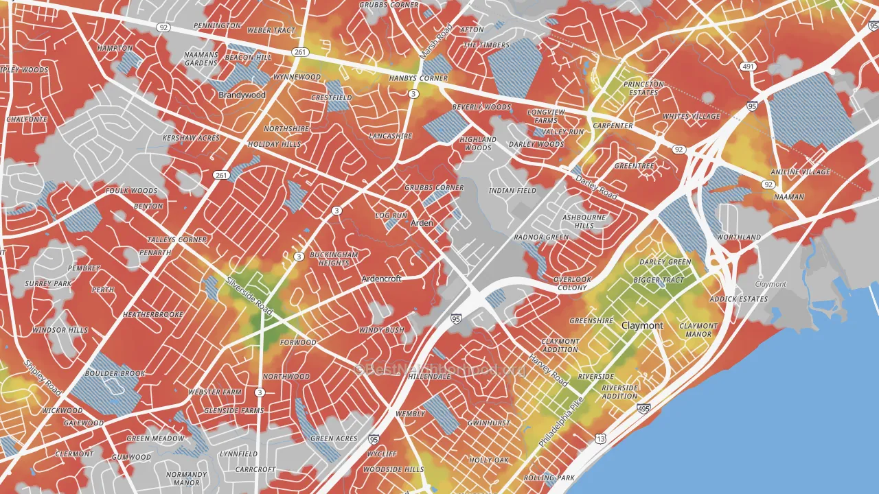 Walk Grade map of Ardentown, DE, walkable areas in green and car-dependent areas in red