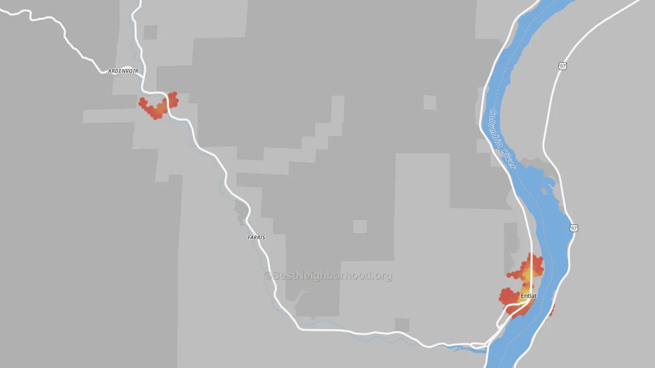 Walk Grade map of Ardenvoir, WA, walkable areas in green and car-dependent areas in red