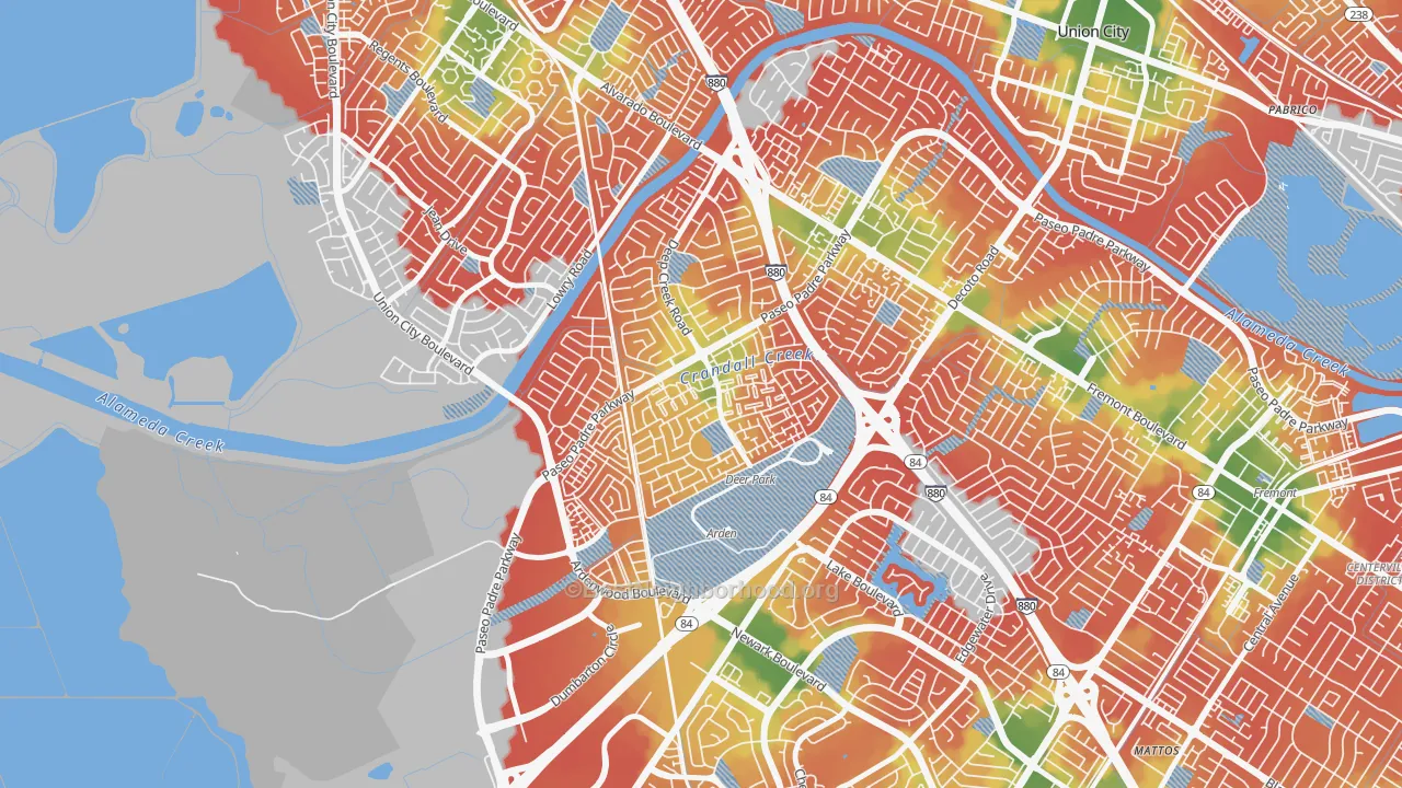 Walk Grade map of Ardenwood, Fremont, CA, walkable areas in green and car-dependent areas in red