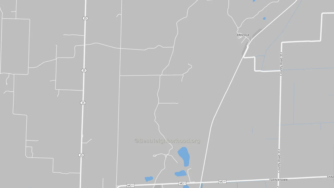 Walk Grade map of Ardeola, MO, walkable areas in green and car-dependent areas in red