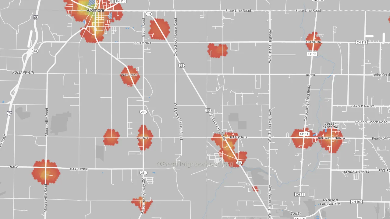 Walk Grade map of Ardmore, AL, walkable areas in green and car-dependent areas in red