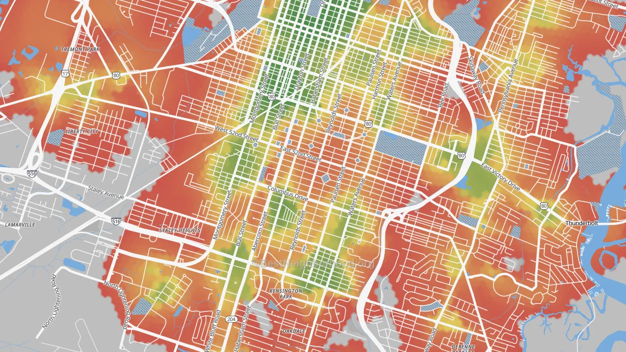 Walk Grade map of Ardmore-Gould Estates-Olin Heights, Savannah, GA, walkable areas in green and car-dependent areas in red