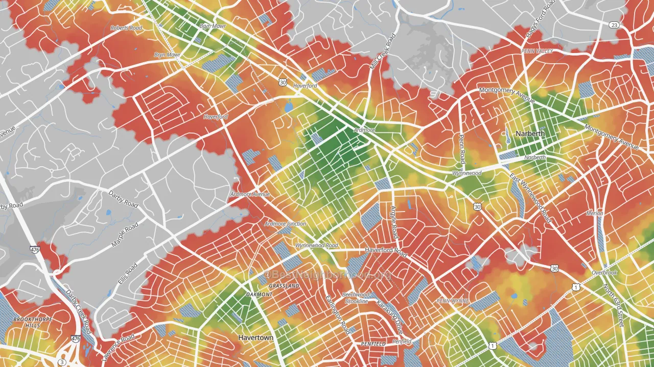 Walk Grade map of Ardmore, PA, walkable areas in green and car-dependent areas in red