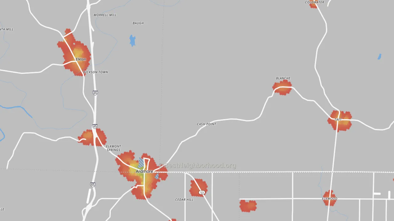 Walk Grade map of Ardmore, TN, walkable areas in green and car-dependent areas in red