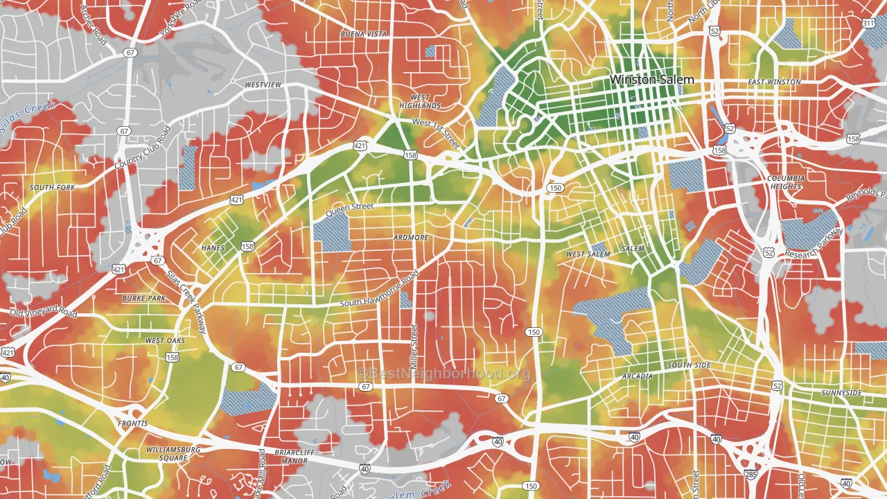 Walk Grade map of Ardmore, Winston-Salem, NC, walkable areas in green and car-dependent areas in red