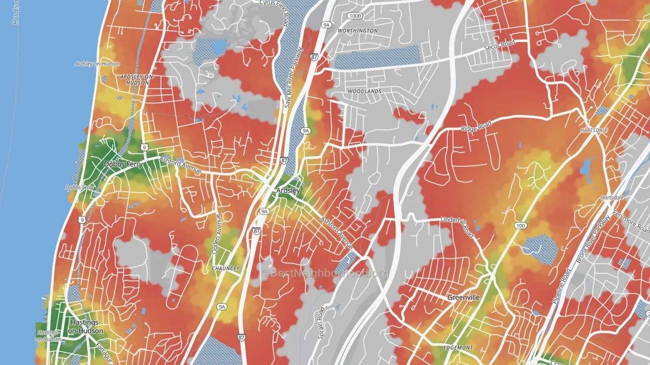 Walk Grade map of Ardsley, NY, walkable areas in green and car-dependent areas in red