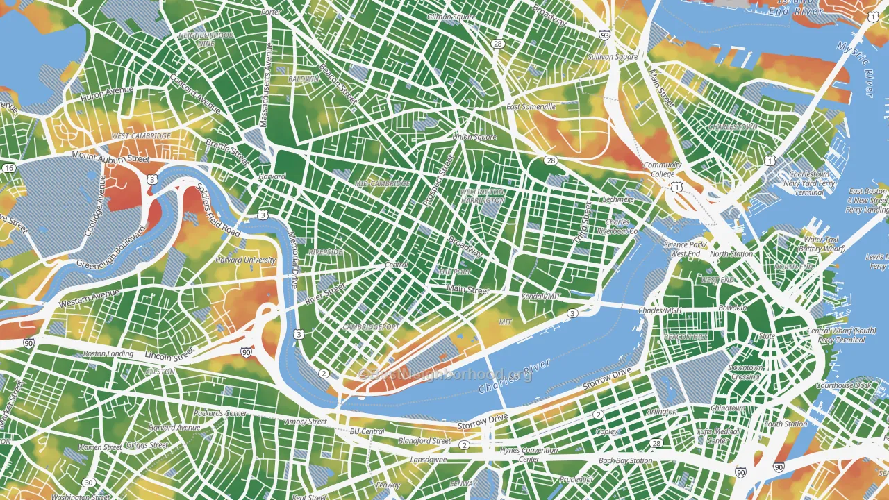 Walk Grade map of Area IV, Cambridge, MA, walkable areas in green and car-dependent areas in red