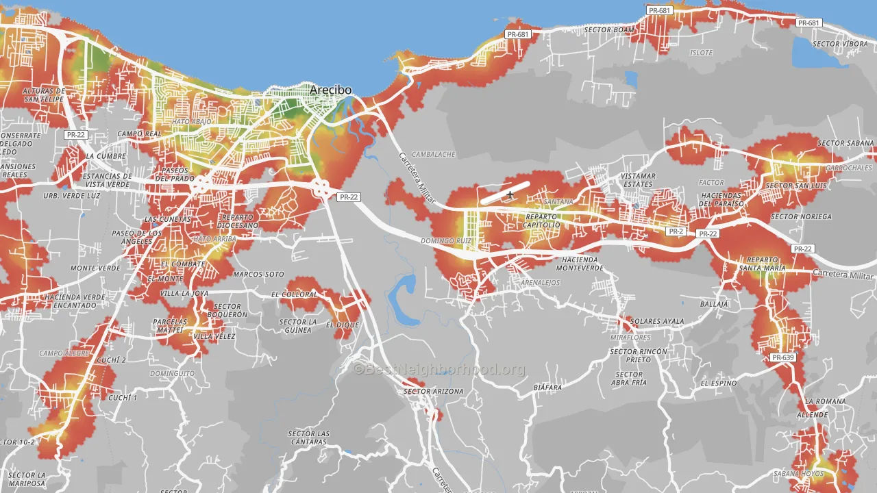 Walk Grade map of Arecibo Municipio, PR, walkable areas in green and car-dependent areas in red