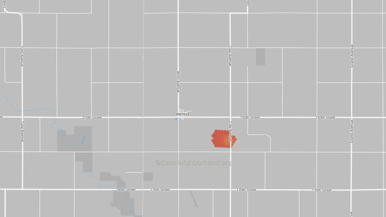 Walk Grade map of Aredale, IA, walkable areas in green and car-dependent areas in red